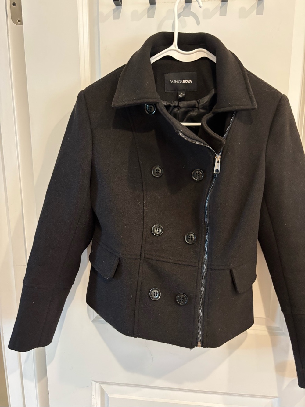 Fashion Nova Black Double-Breasted Pea Coat with Asymmetric Zip